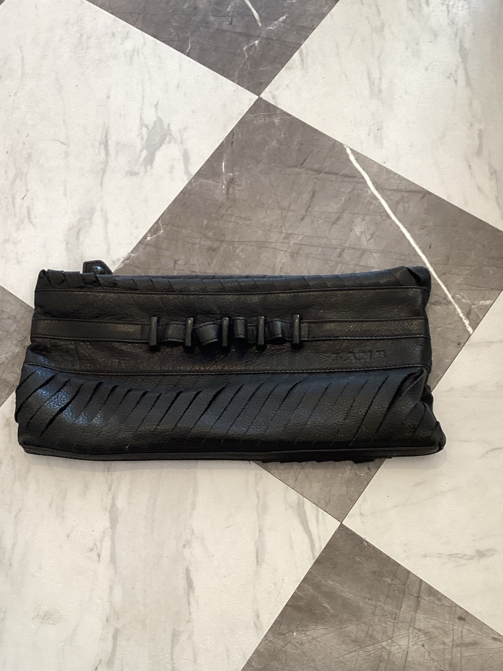 L.A.M.B. Black Leather Fold-Over Clutch with Ribbon Detail